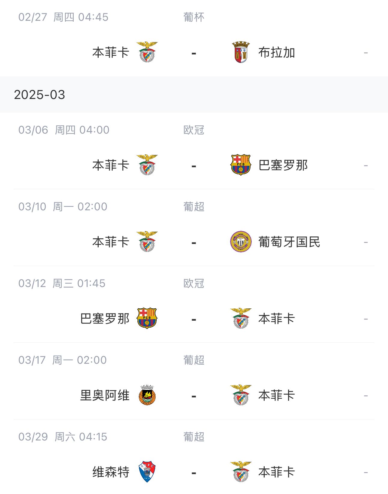  讓路歐冠！本菲卡戰(zhàn)巴薩首回合比賽前的葡超比賽推遲進(jìn)行