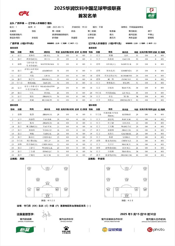  中甲-廣西平果vs遼寧鐵人首發(fā)：三外援對(duì)決三外援，安以恩出戰(zhàn)